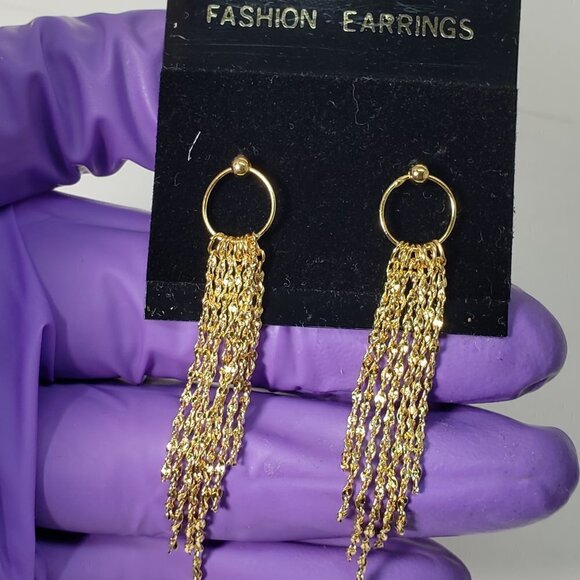 Women's Polished Gold tone Hoop Fringed Chain Post Drop Dangle Earrings, 2.75-in - Picture 4 of 8